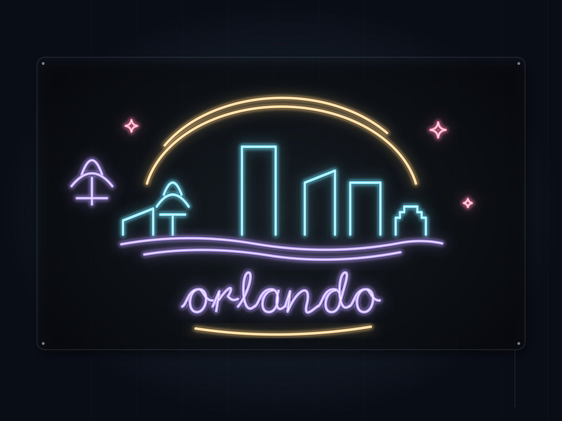 Orlando Skyline Neon Sign with colorful landmark artwork and flowing city lettering - front digital render