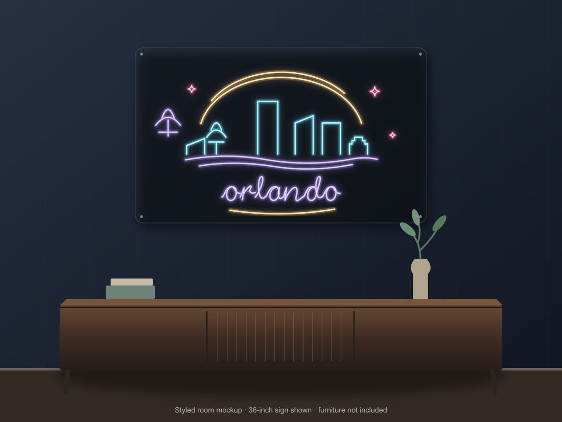 Orlando Skyline Neon Sign with colorful landmark artwork and flowing city lettering - front digital render