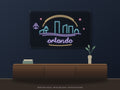 Orlando Skyline Neon Sign shown above a walnut console in a styled room mockup