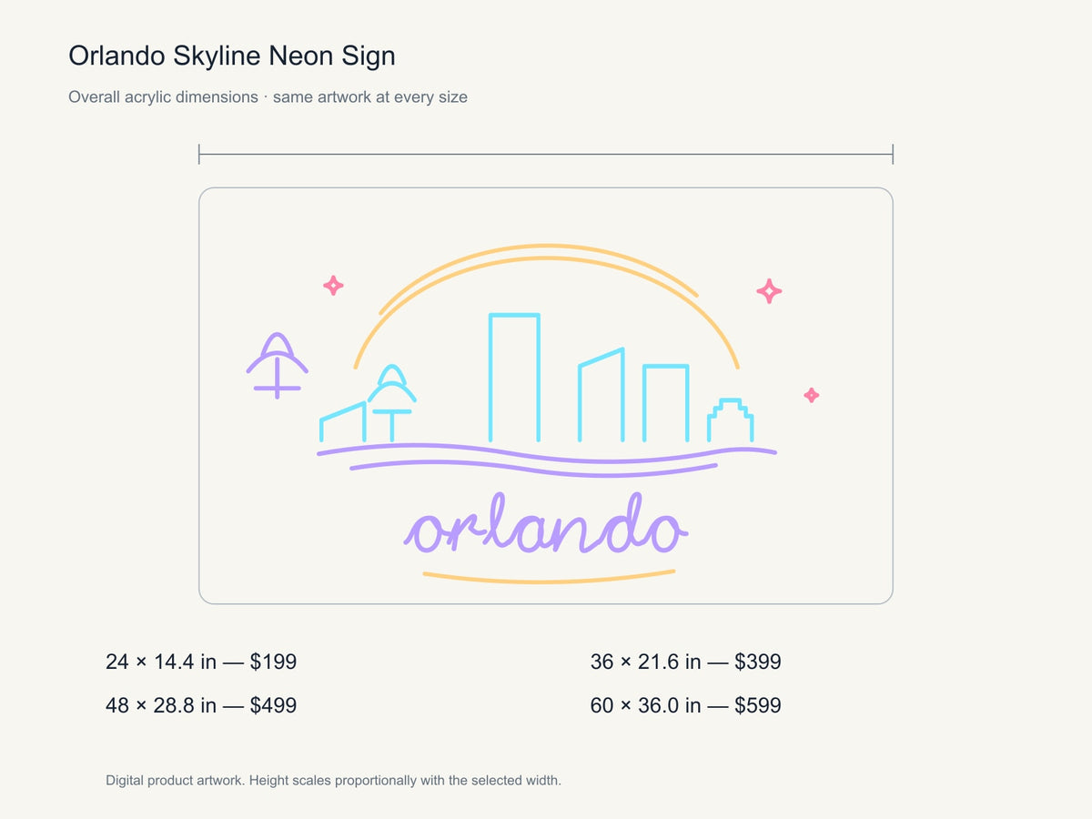 Orlando Skyline Neon Sign size guide with overall dimensions for all four widths