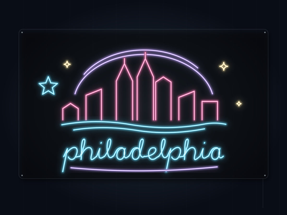 Philadelphia Skyline Neon Sign with colorful landmark artwork and flowing city lettering - front digital render
