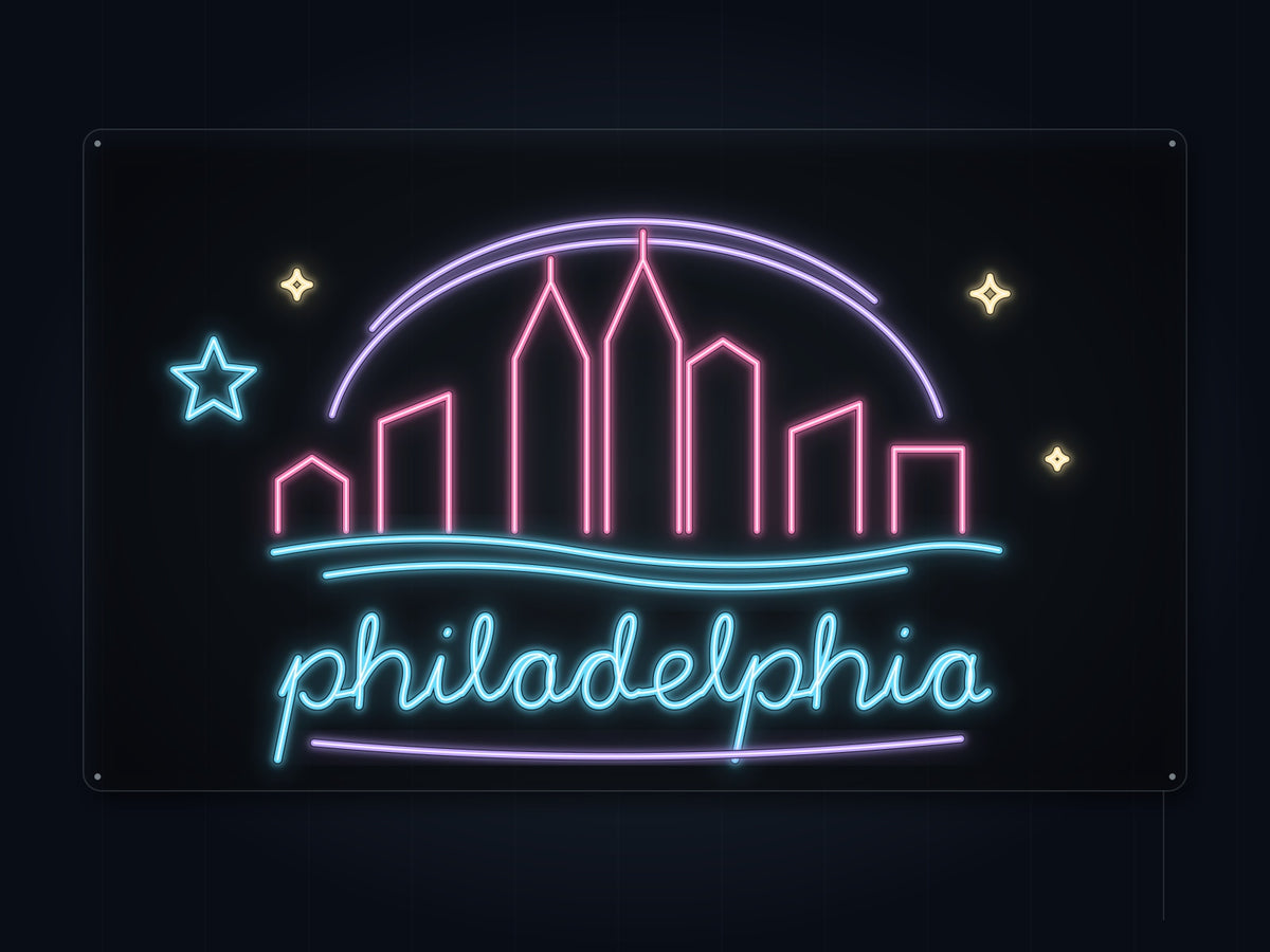 Philadelphia Skyline Neon Sign with colorful landmark artwork and flowing city lettering - front digital render