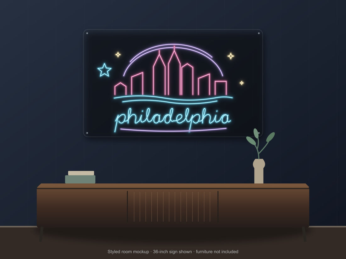 Philadelphia Skyline Neon Sign with colorful landmark artwork and flowing city lettering - front digital render