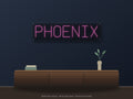 Phoenix City Name Neon Sign shown above a walnut console in a styled room mockup