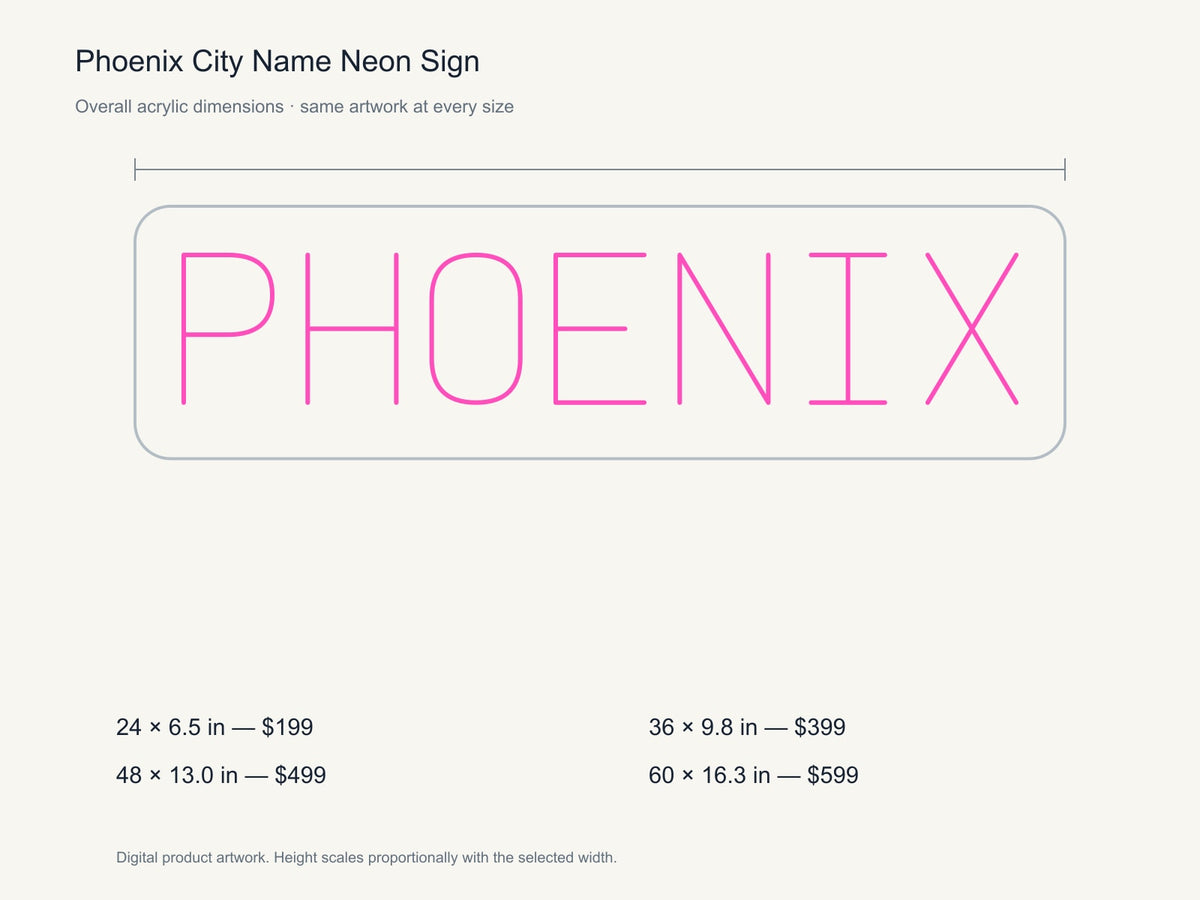 Phoenix City Name Neon Sign size guide with overall dimensions for all four widths