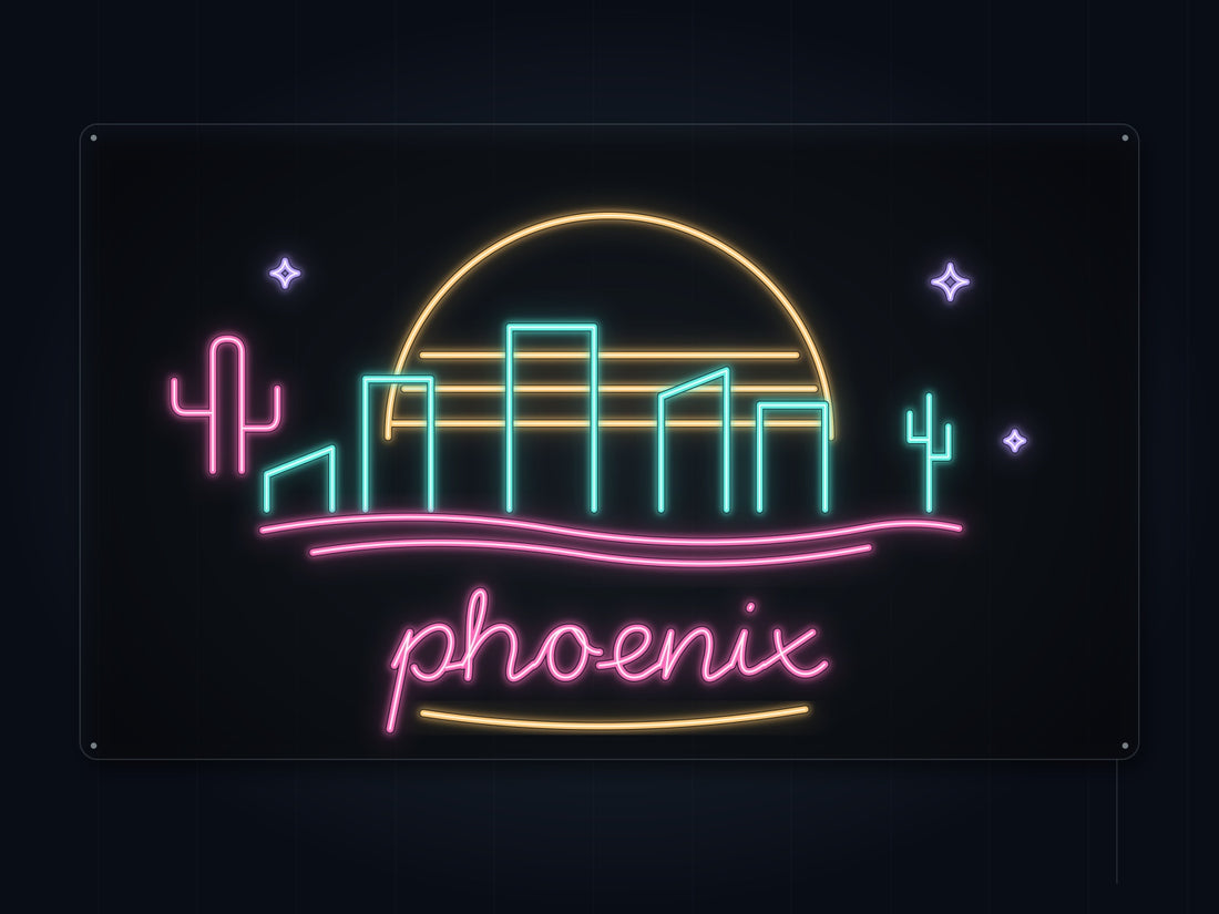 Phoenix Skyline Neon Sign with colorful landmark artwork and flowing city lettering - front digital render