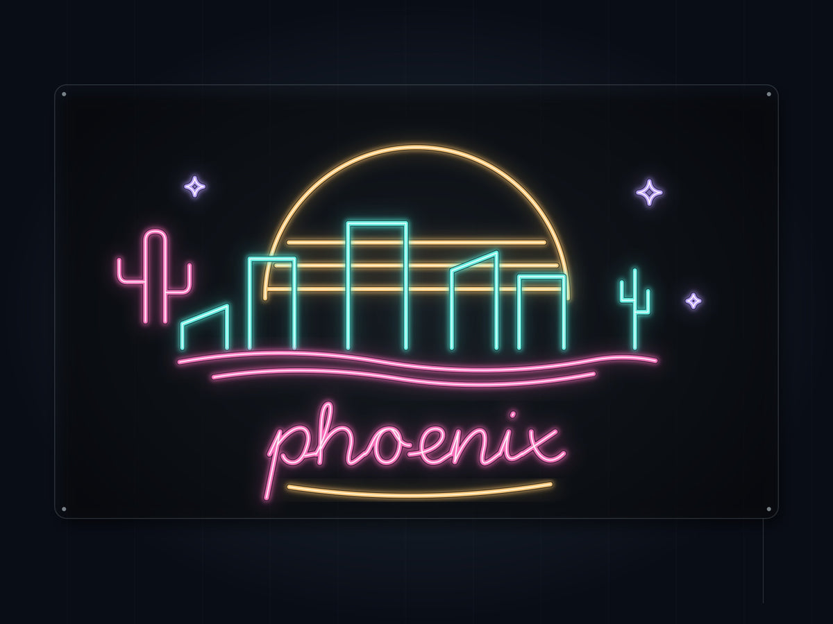 Phoenix Skyline Neon Sign with colorful landmark artwork and flowing city lettering - front digital render