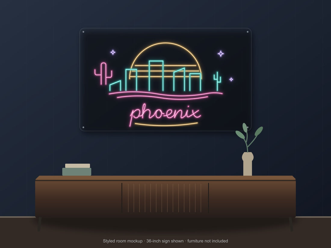 Phoenix Skyline Neon Sign with colorful landmark artwork and flowing city lettering - front digital render