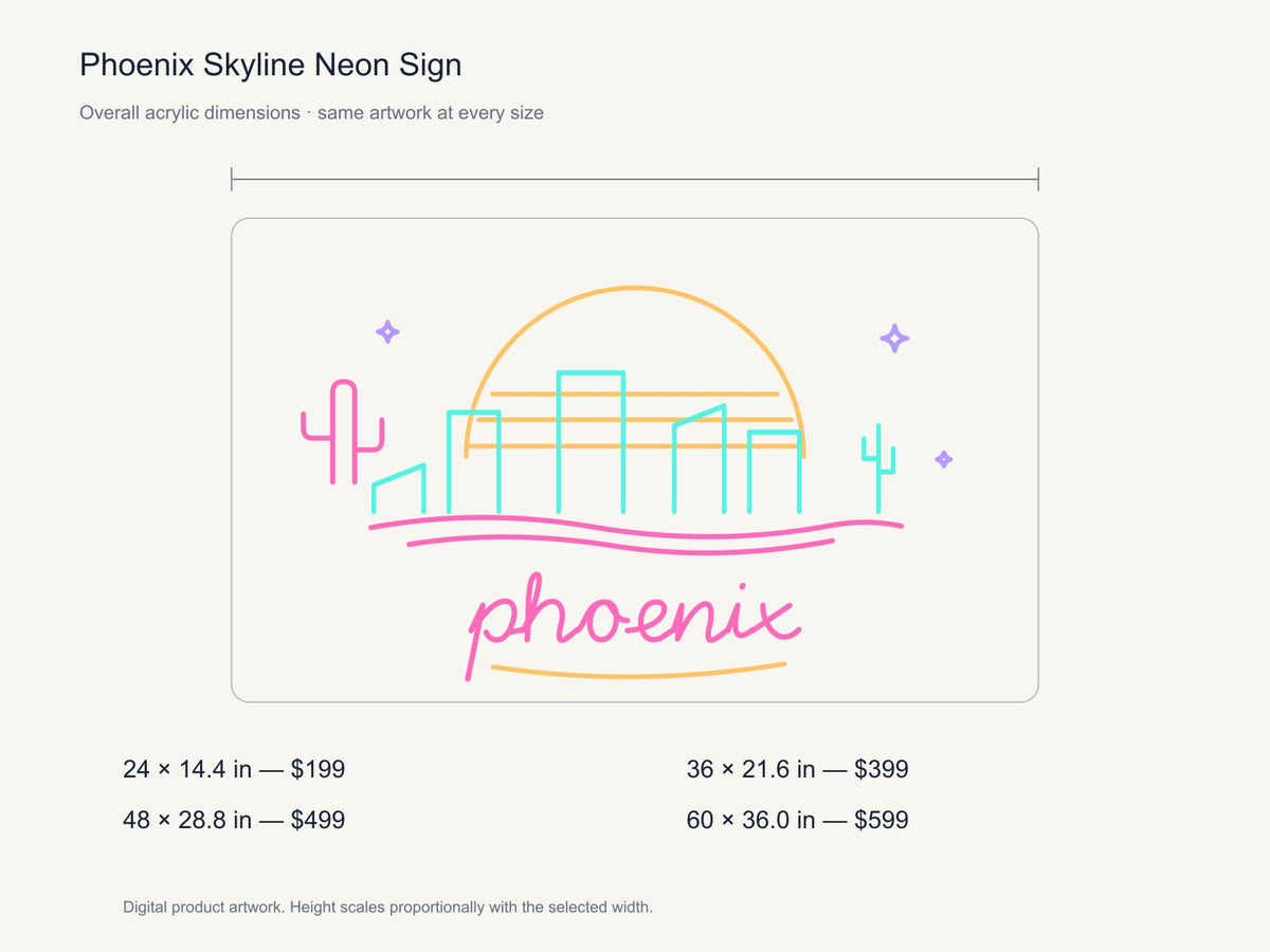 Phoenix Skyline Neon Sign size guide with overall dimensions for all four widths