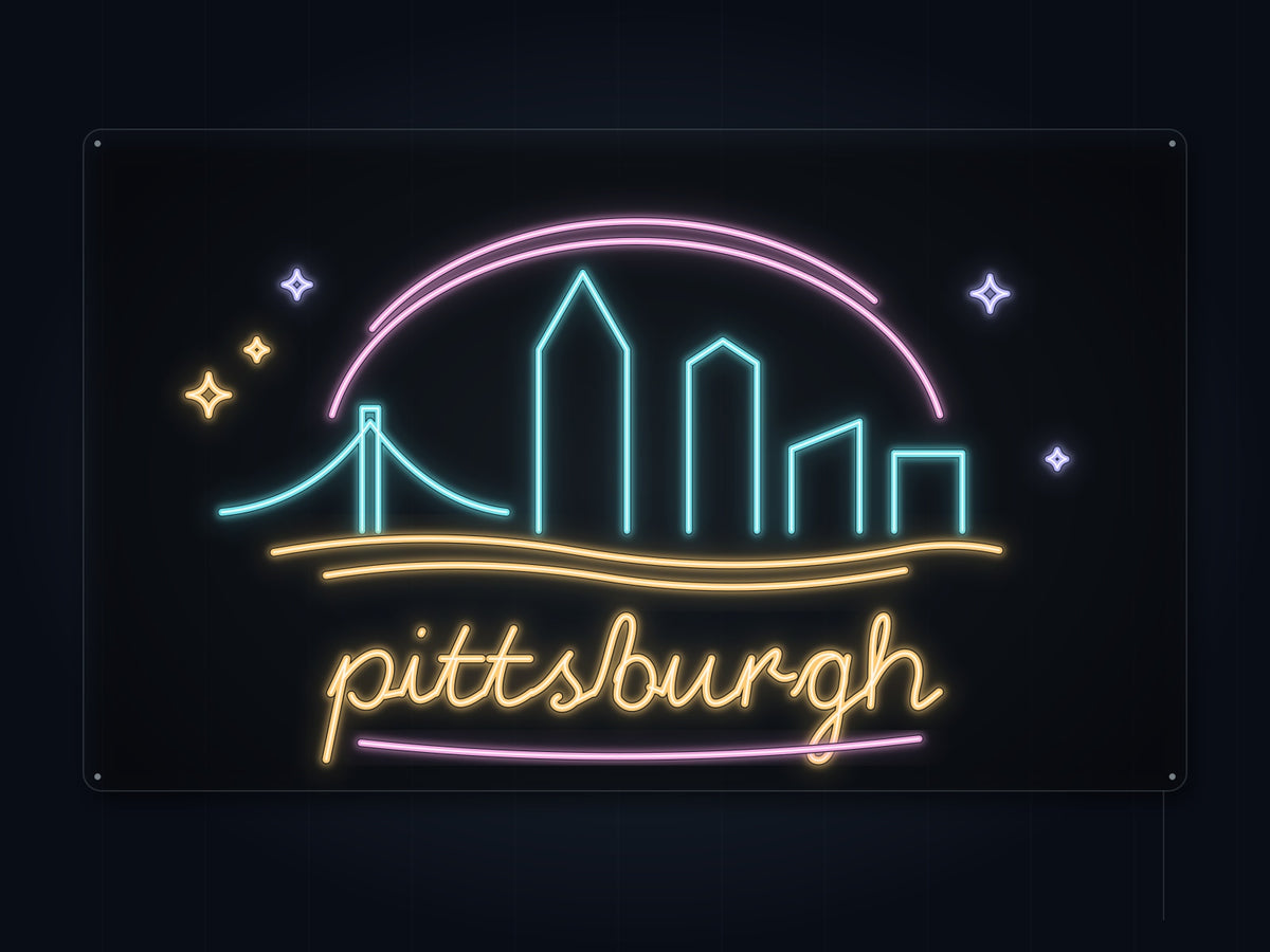 Pittsburgh Skyline Neon Sign with colorful landmark artwork and flowing city lettering - front digital render