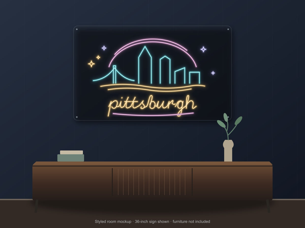 Pittsburgh Skyline Neon Sign shown above a walnut console in a styled room mockup