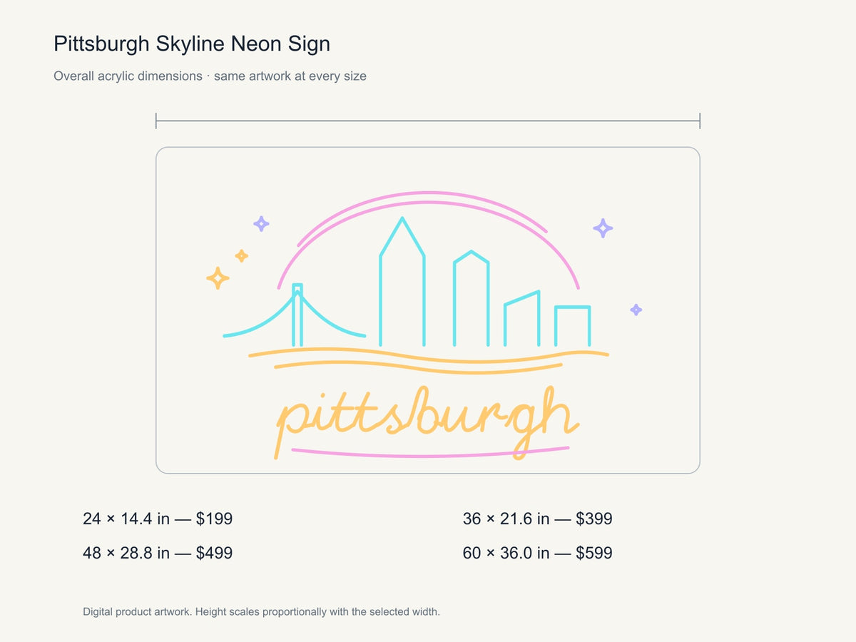 Pittsburgh Skyline Neon Sign size guide with overall dimensions for all four widths