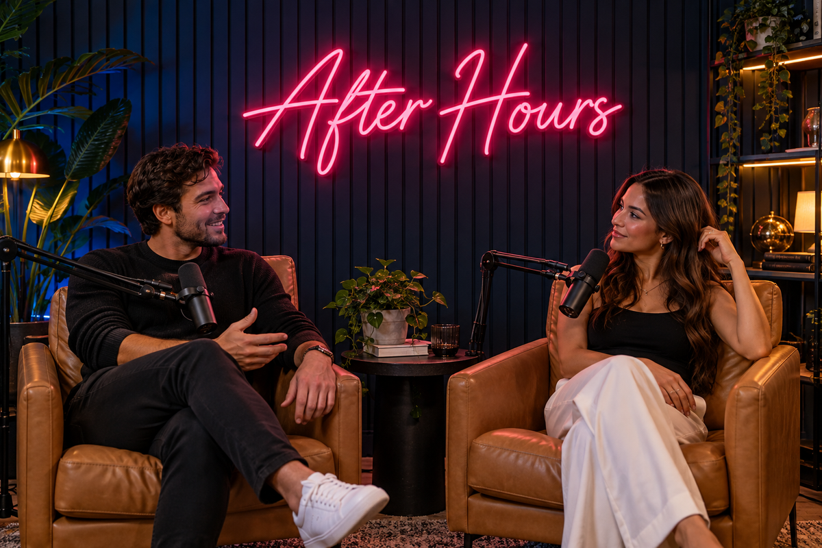 After Hours — AI studio concept with pink script neon and two podcast hosts