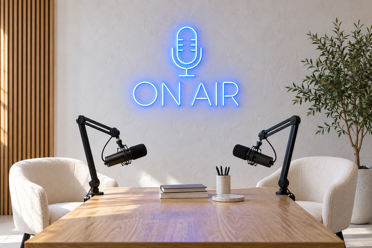 On Air — AI studio concept with blue microphone neon and a bright recording desk