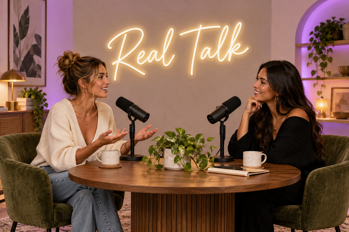 Real Talk — AI studio concept with warm-white neon and two podcast hosts