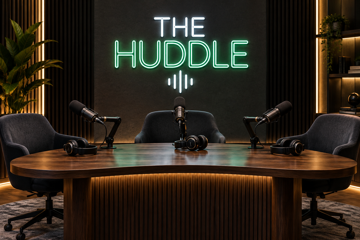 The Huddle — AI studio concept with green-and-white neon and three podcast microphones