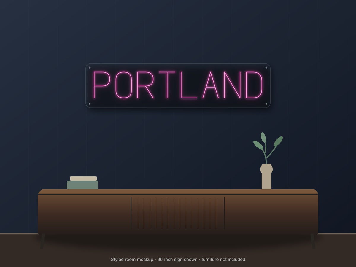 Portland City Name Neon Sign shown above a walnut console in a styled room mockup