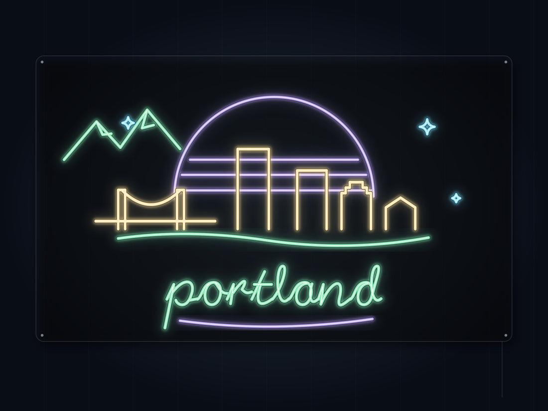 Portland Skyline Neon Sign with colorful landmark artwork and flowing city lettering - front digital render