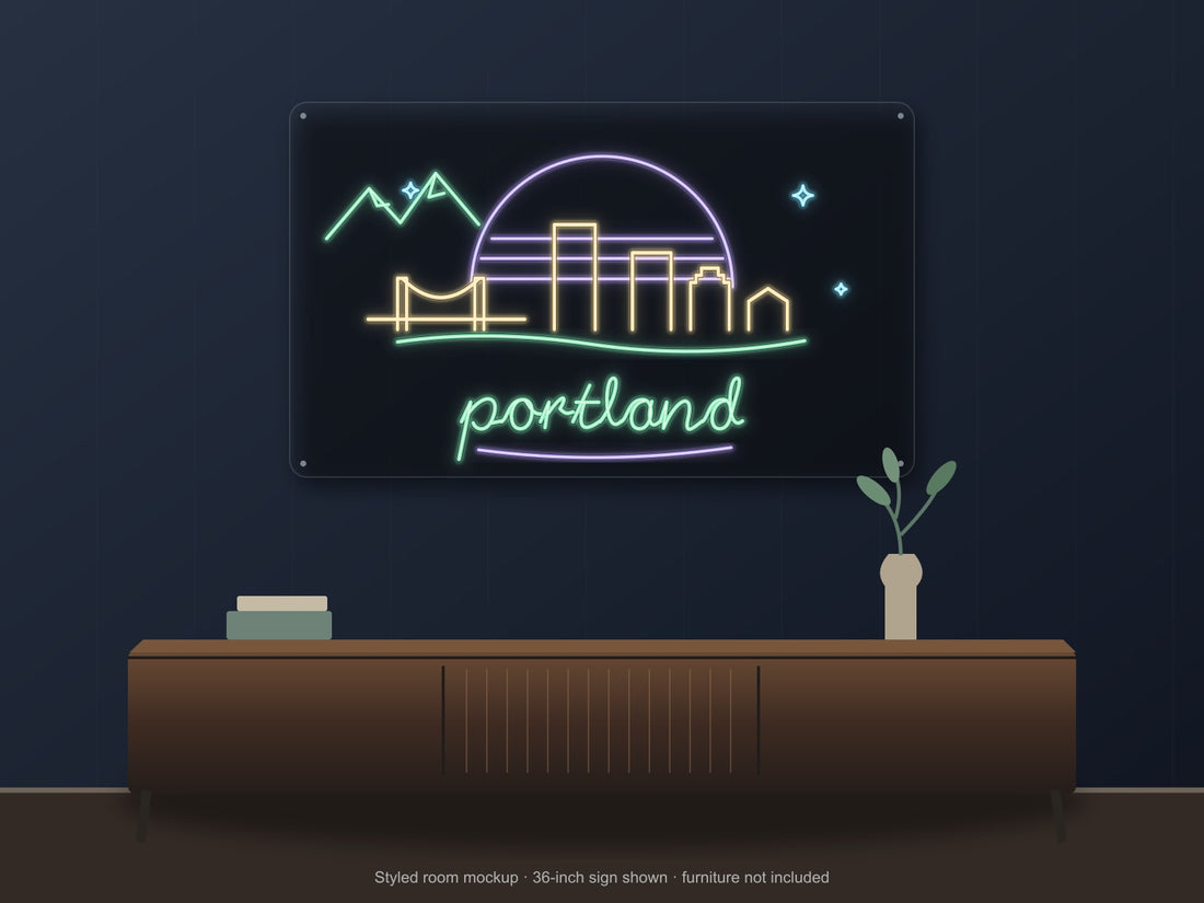 Portland Skyline Neon Sign with colorful landmark artwork and flowing city lettering - front digital render