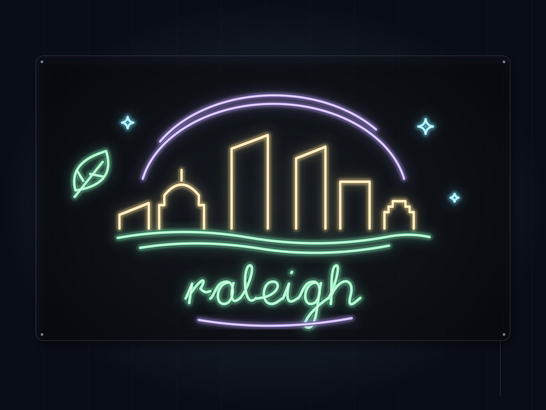 Raleigh Skyline Neon Sign with colorful landmark artwork and flowing city lettering - front digital render