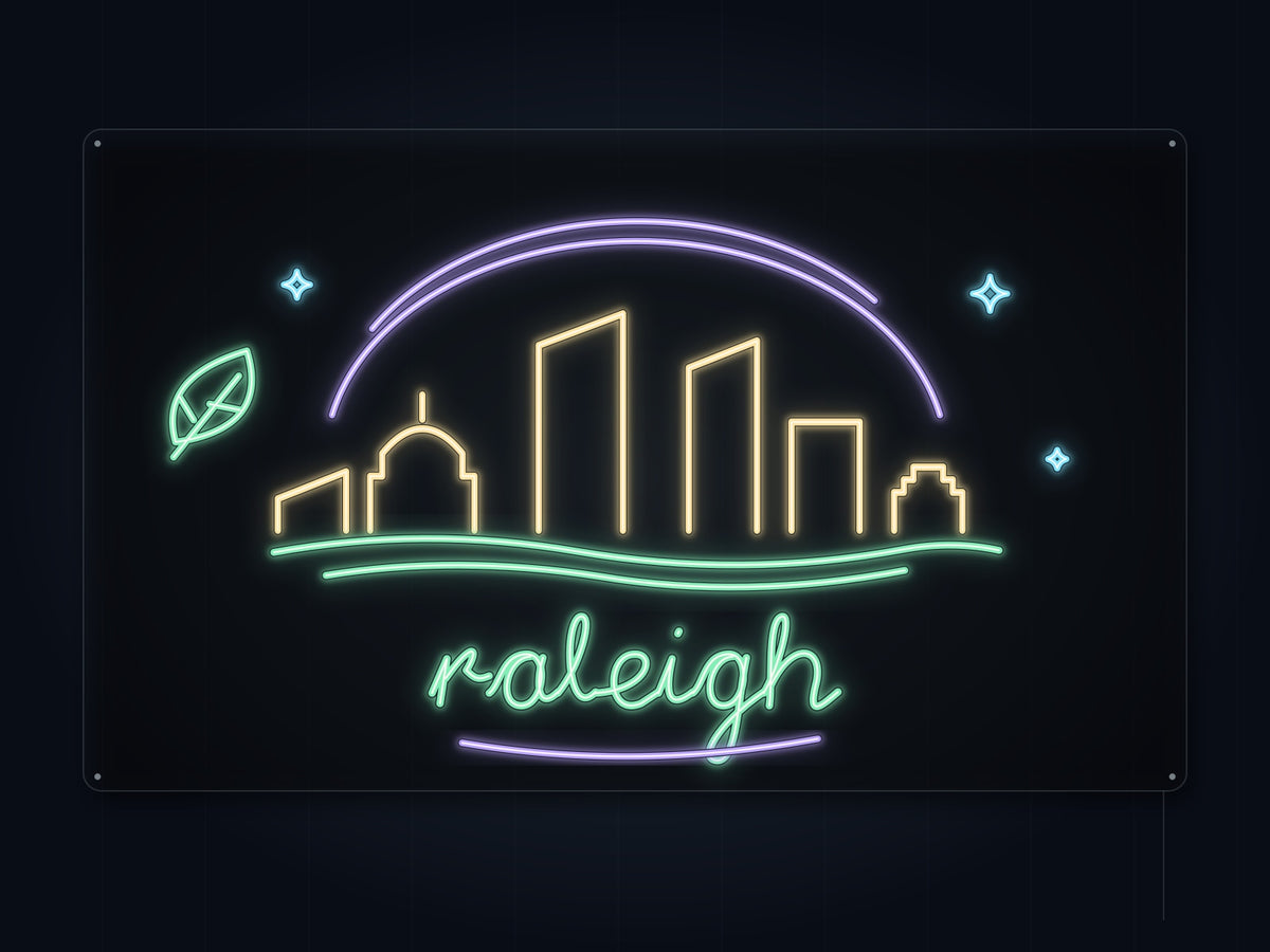 Raleigh Skyline Neon Sign with colorful landmark artwork and flowing city lettering - front digital render