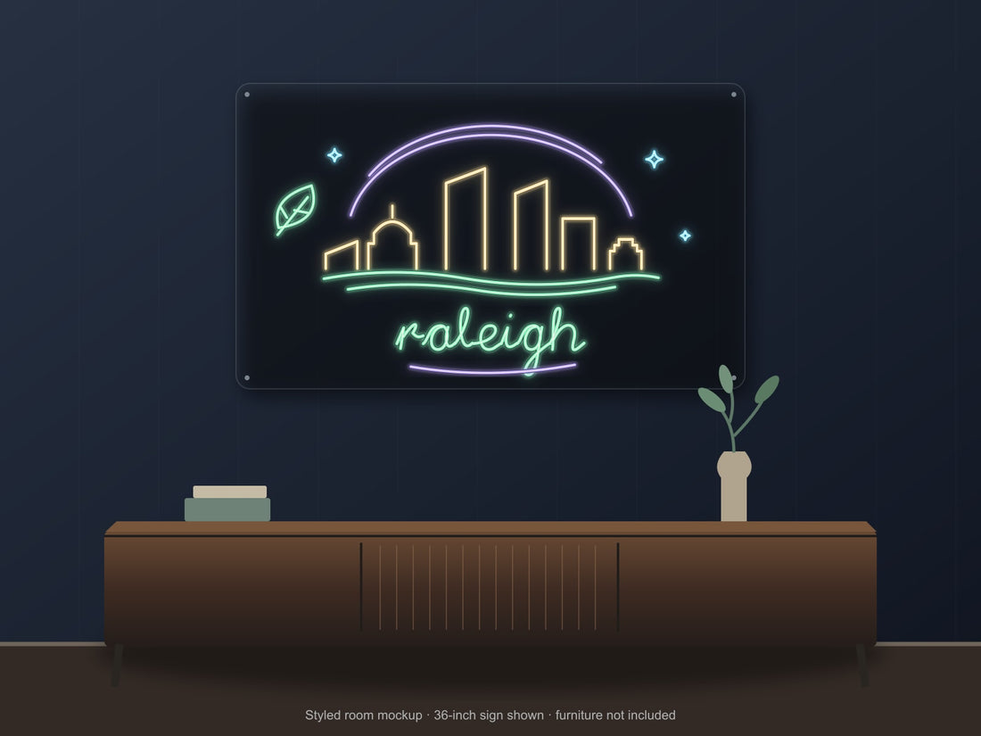 Raleigh Skyline Neon Sign with colorful landmark artwork and flowing city lettering - front digital render
