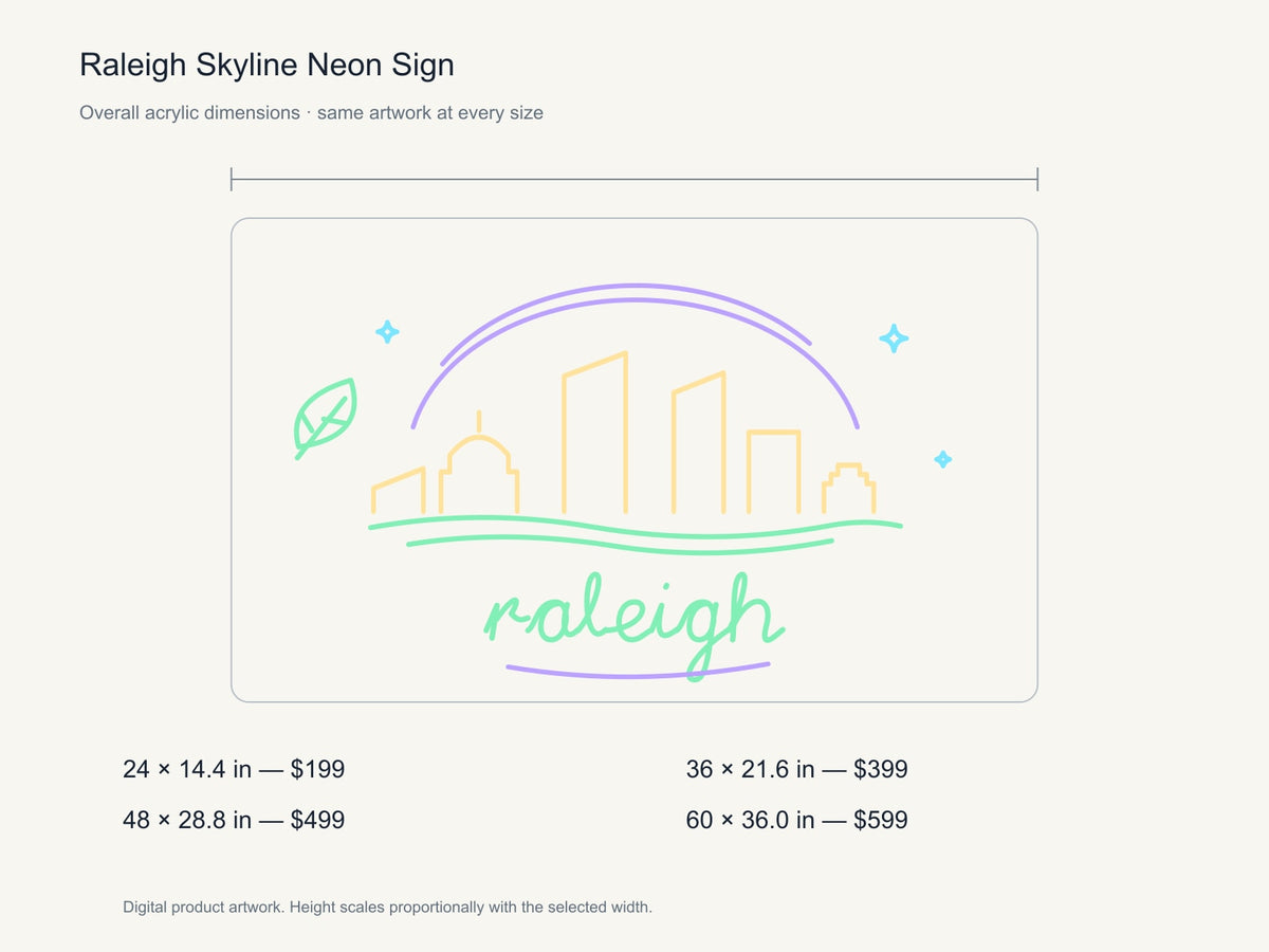 Raleigh Skyline Neon Sign size guide with overall dimensions for all four widths