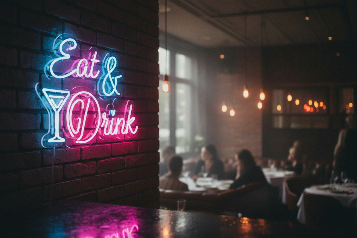 Neon sign reading Eat and Drink with a martini icon on a brick wall in a dim restaurant