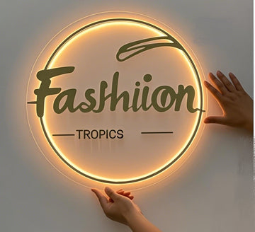 Round backlit acrylic sign, the "Fashion" text can be UV - customized, suitable for shopping malls, clothing stores and various other places