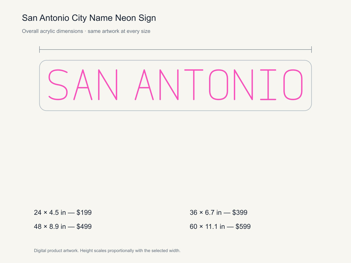 San Antonio City Name Neon Sign size guide with overall dimensions for all four widths