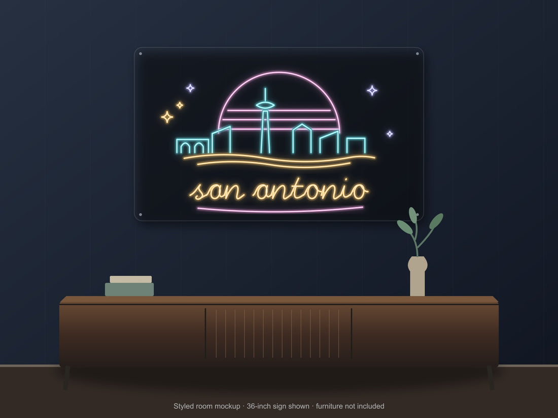 San Antonio Skyline Neon Sign with colorful landmark artwork and flowing city lettering - front digital render