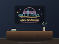 San Antonio Skyline Neon Sign shown above a walnut console in a styled room mockup