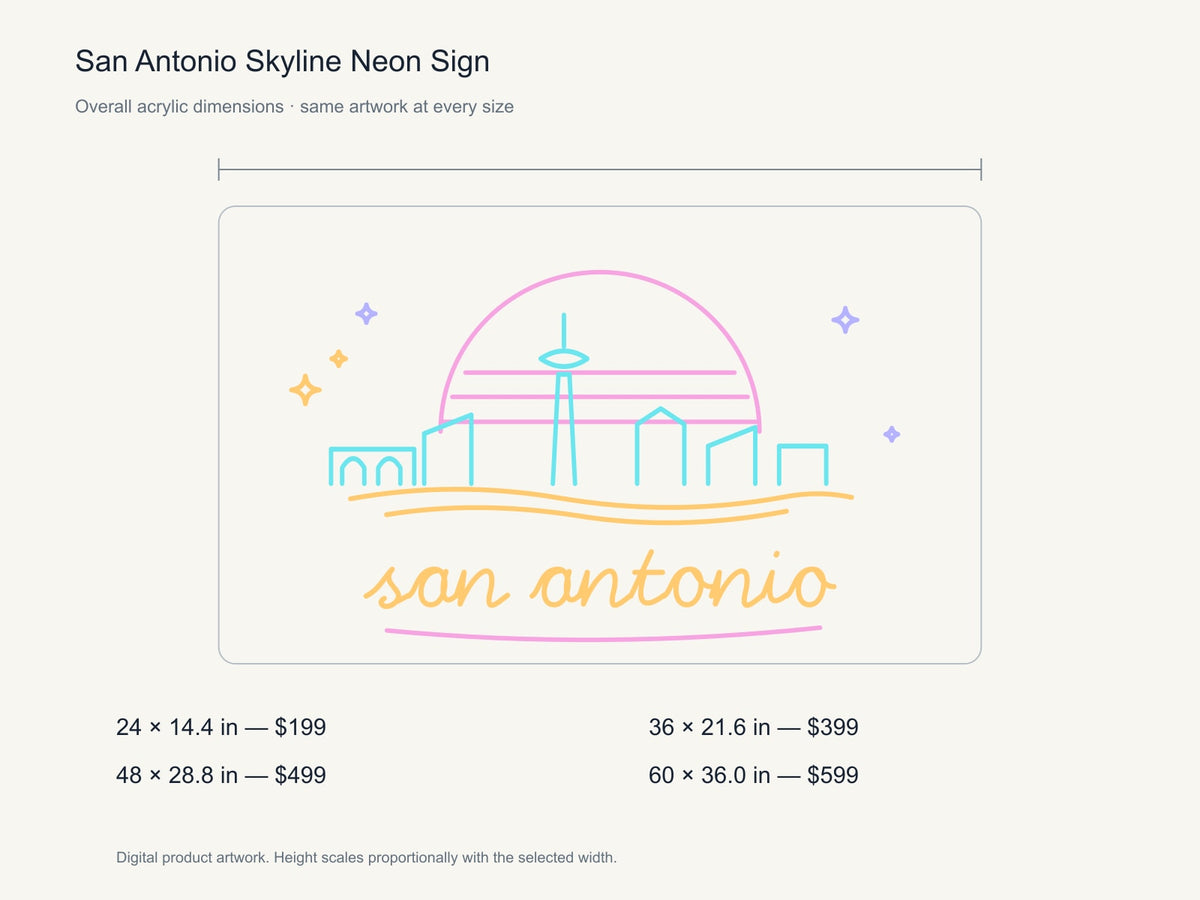 San Antonio Skyline Neon Sign size guide with overall dimensions for all four widths
