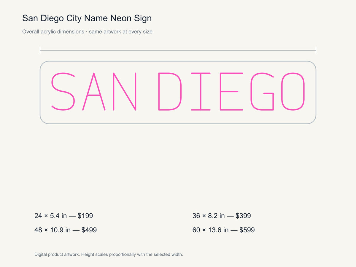 San Diego City Name Neon Sign size guide with overall dimensions for all four widths