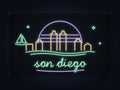 San Diego Skyline Neon Sign with colorful landmark artwork and flowing city lettering - front digital render
