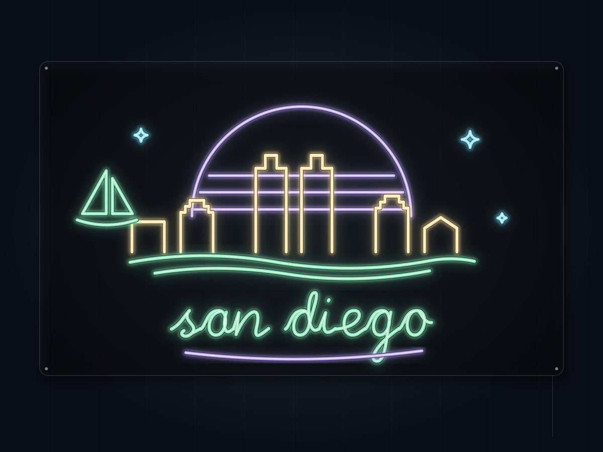 San Diego Skyline Neon Sign with colorful landmark artwork and flowing city lettering - front digital render