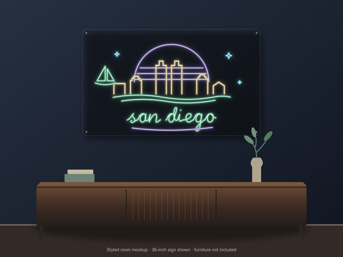 San Diego Skyline Neon Sign shown above a walnut console in a styled room mockup