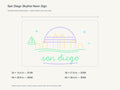 San Diego Skyline Neon Sign size guide with overall dimensions for all four widths