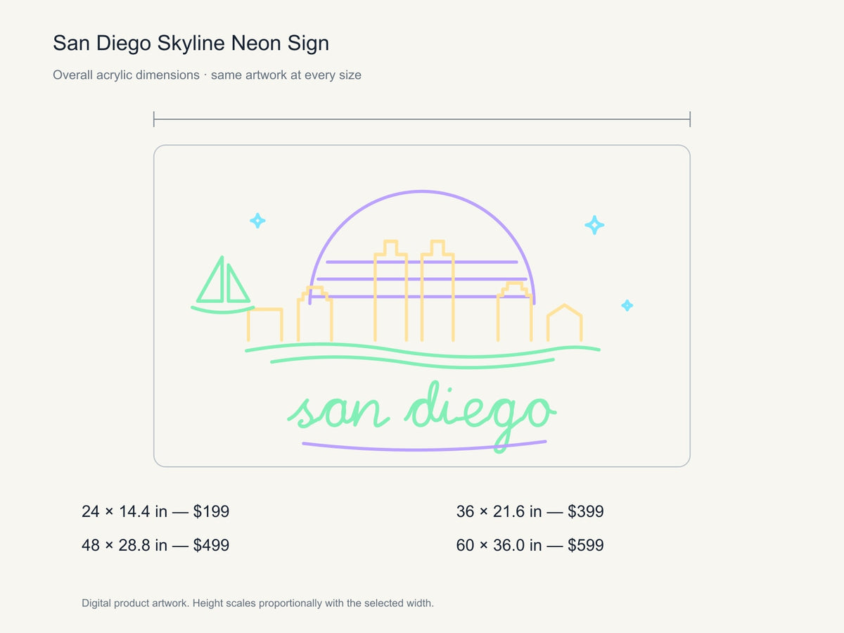 San Diego Skyline Neon Sign size guide with overall dimensions for all four widths