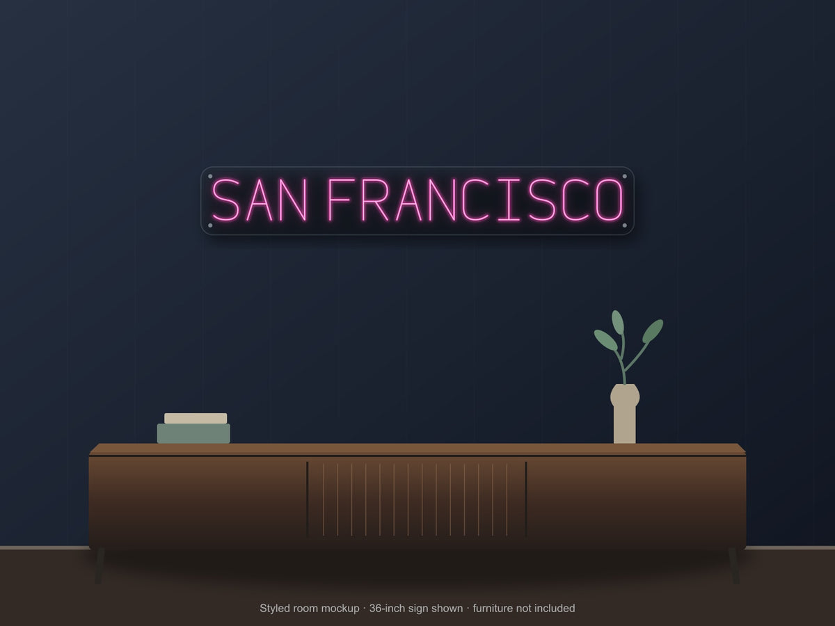 San Francisco City Name Neon Sign shown above a walnut console in a styled room mockup
