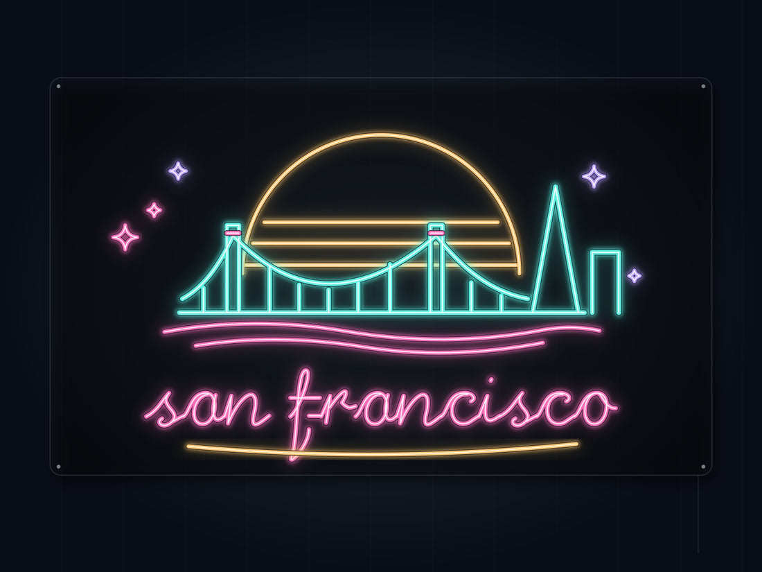 San Francisco Skyline Neon Sign with colorful landmark artwork and flowing city lettering - front digital render