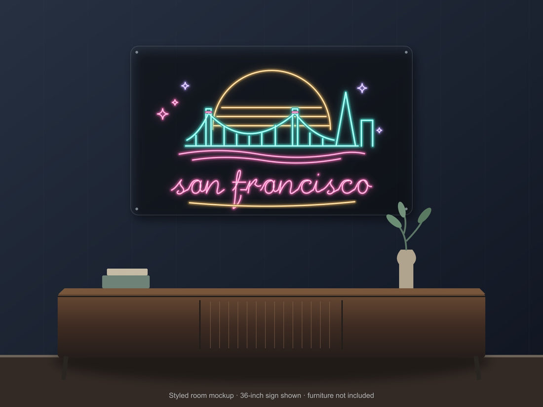 San Francisco Skyline Neon Sign with colorful landmark artwork and flowing city lettering - front digital render