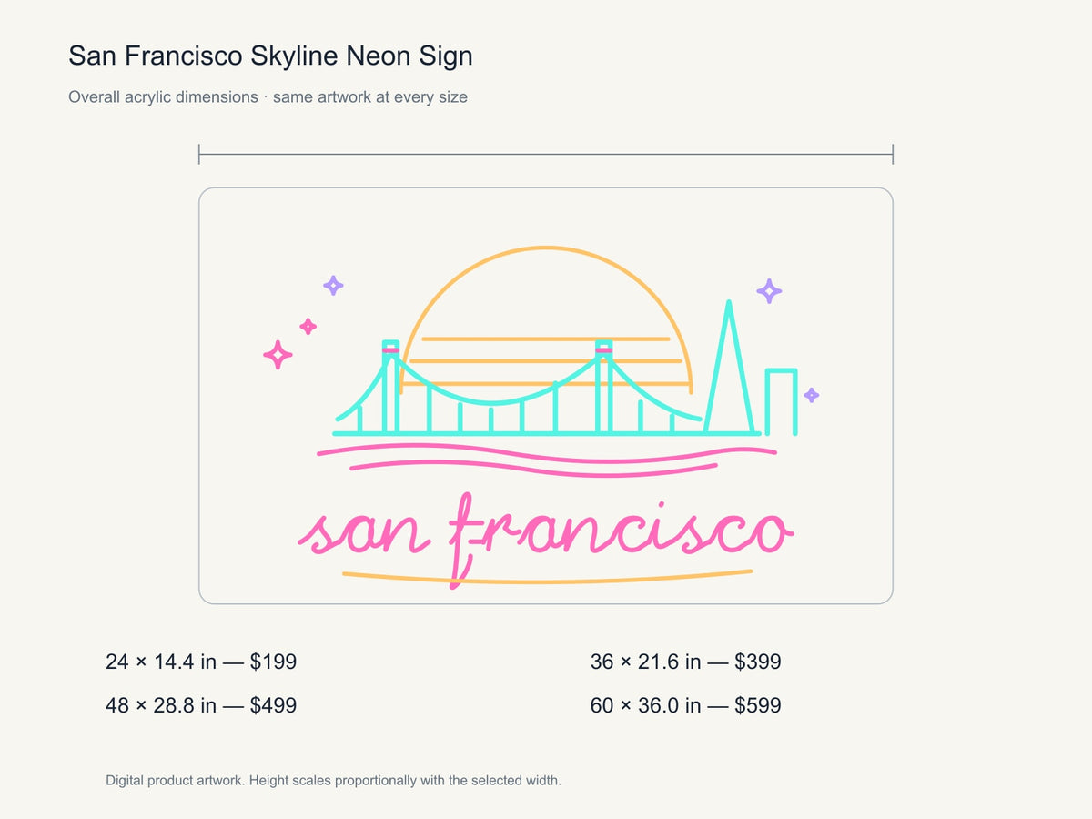 San Francisco Skyline Neon Sign size guide with overall dimensions for all four widths