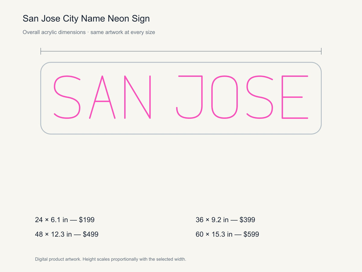 San Jose City Name Neon Sign size guide with overall dimensions for all four widths