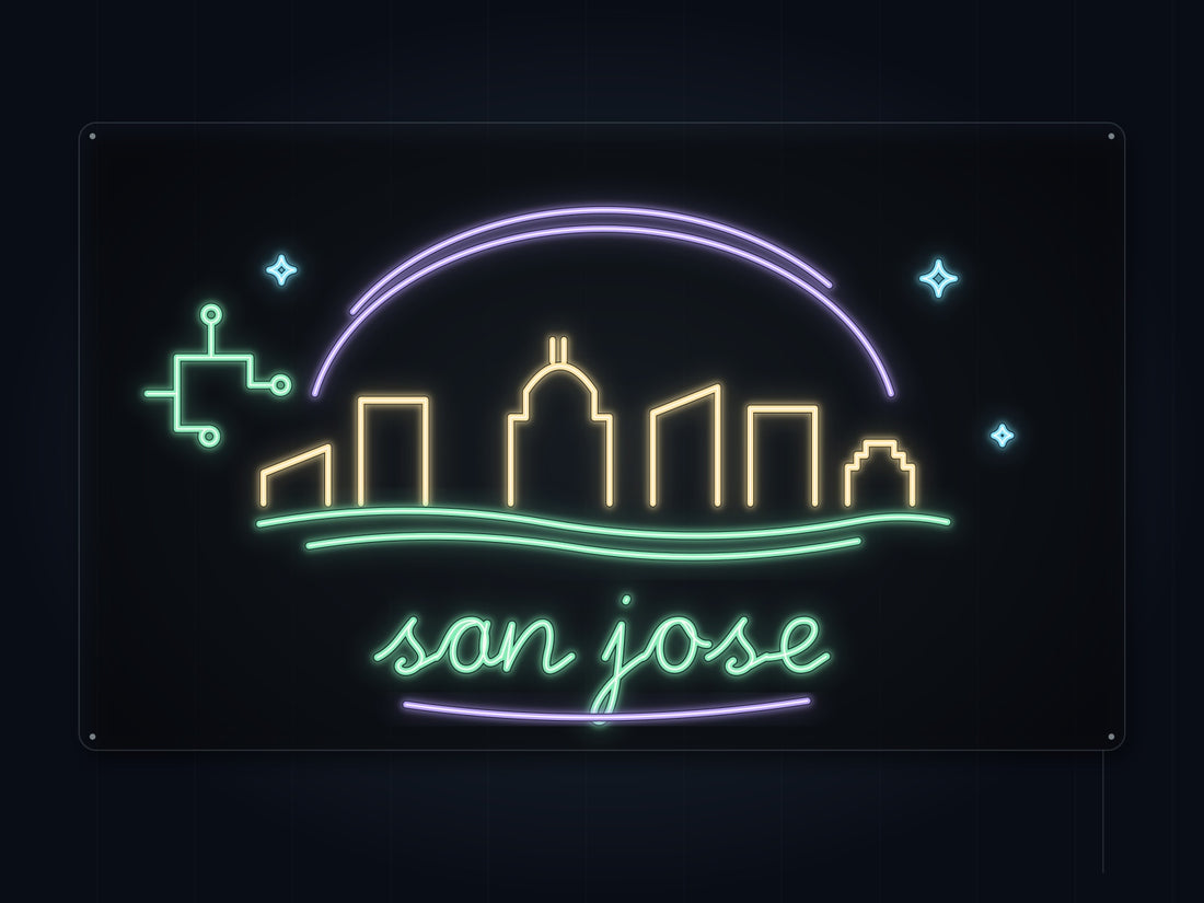 San Jose Skyline Neon Sign with colorful landmark artwork and flowing city lettering - front digital render