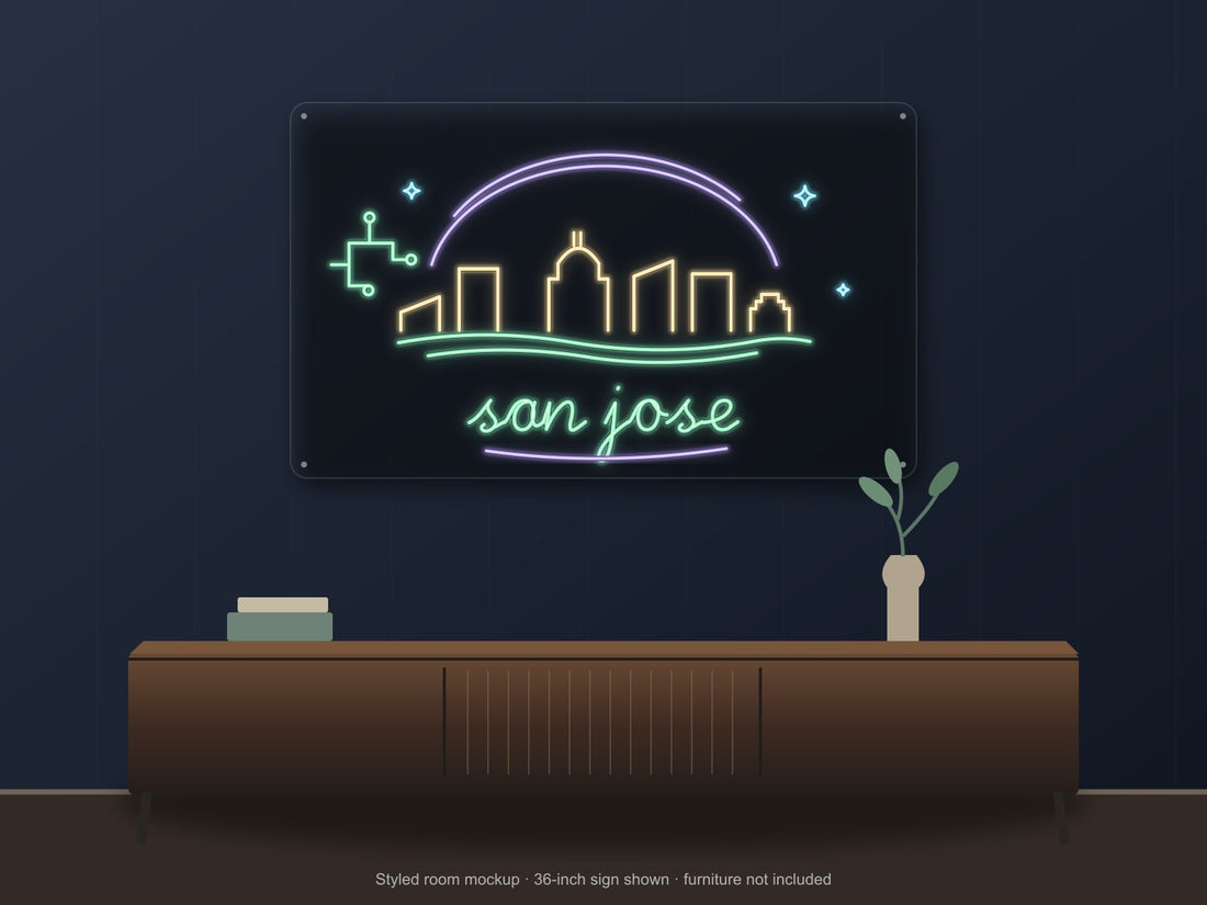 San Jose Skyline Neon Sign with colorful landmark artwork and flowing city lettering - front digital render