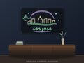 San Jose Skyline Neon Sign shown above a walnut console in a styled room mockup
