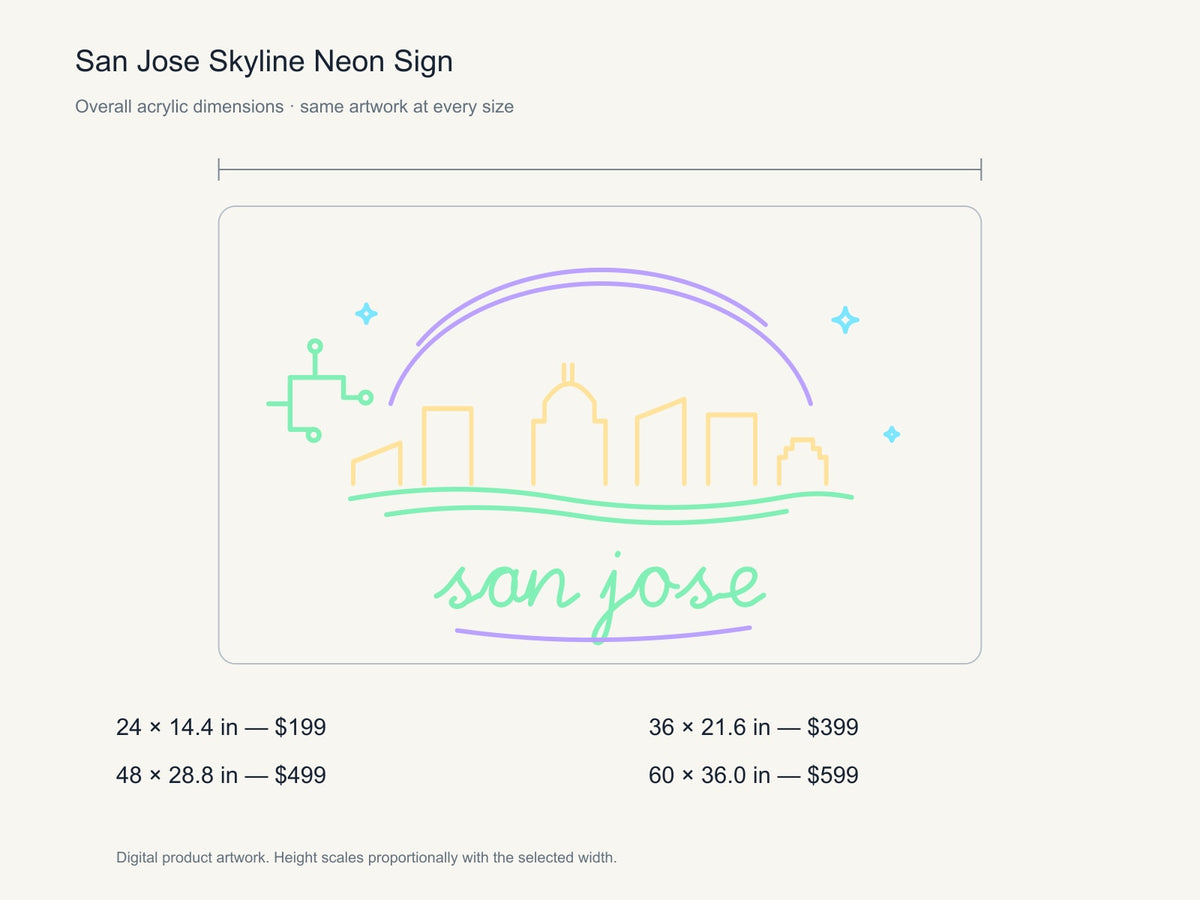 San Jose Skyline Neon Sign size guide with overall dimensions for all four widths