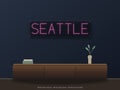 Seattle City Name Neon Sign shown above a walnut console in a styled room mockup