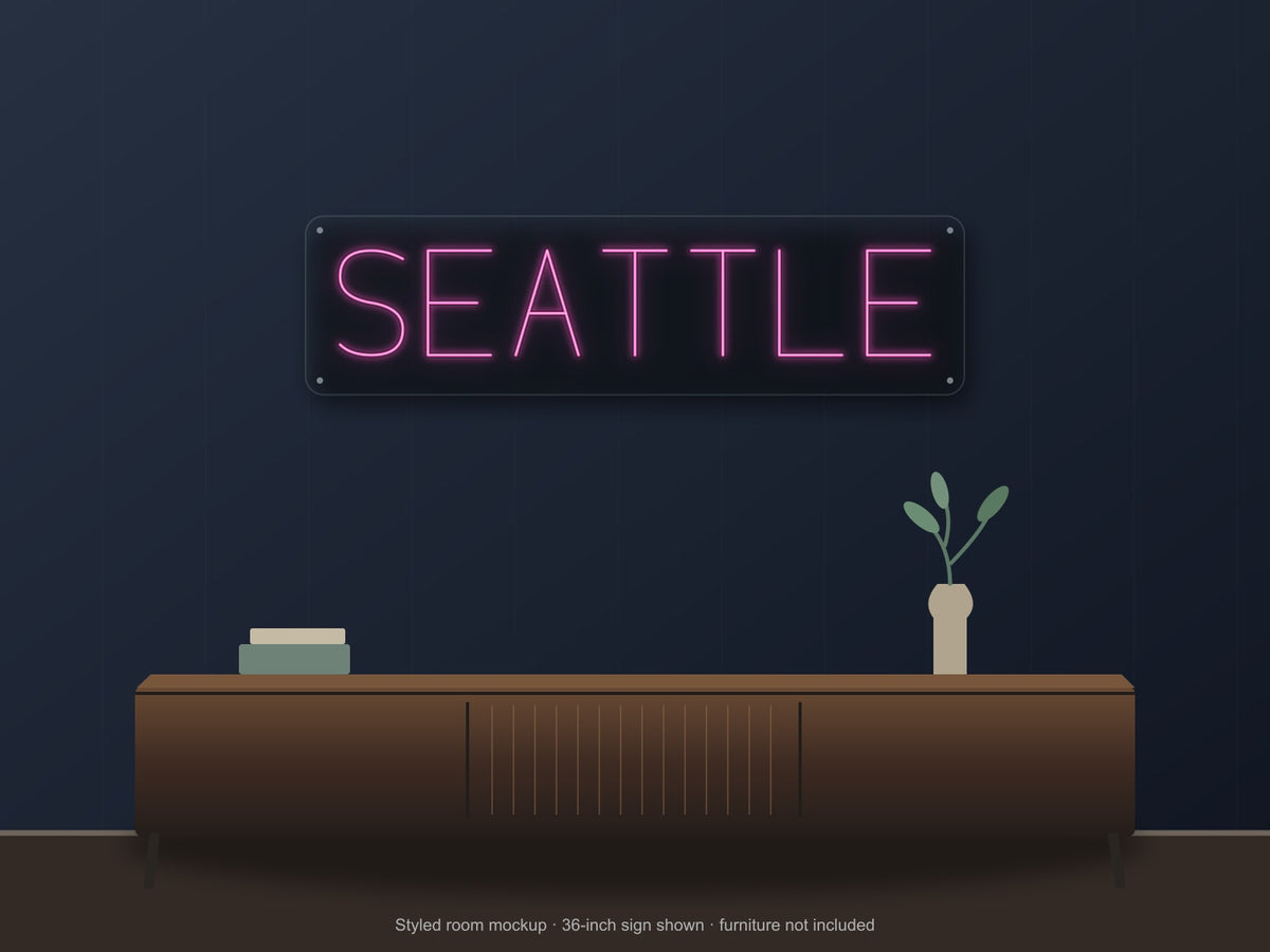 Seattle City Name Neon Sign shown above a walnut console in a styled room mockup